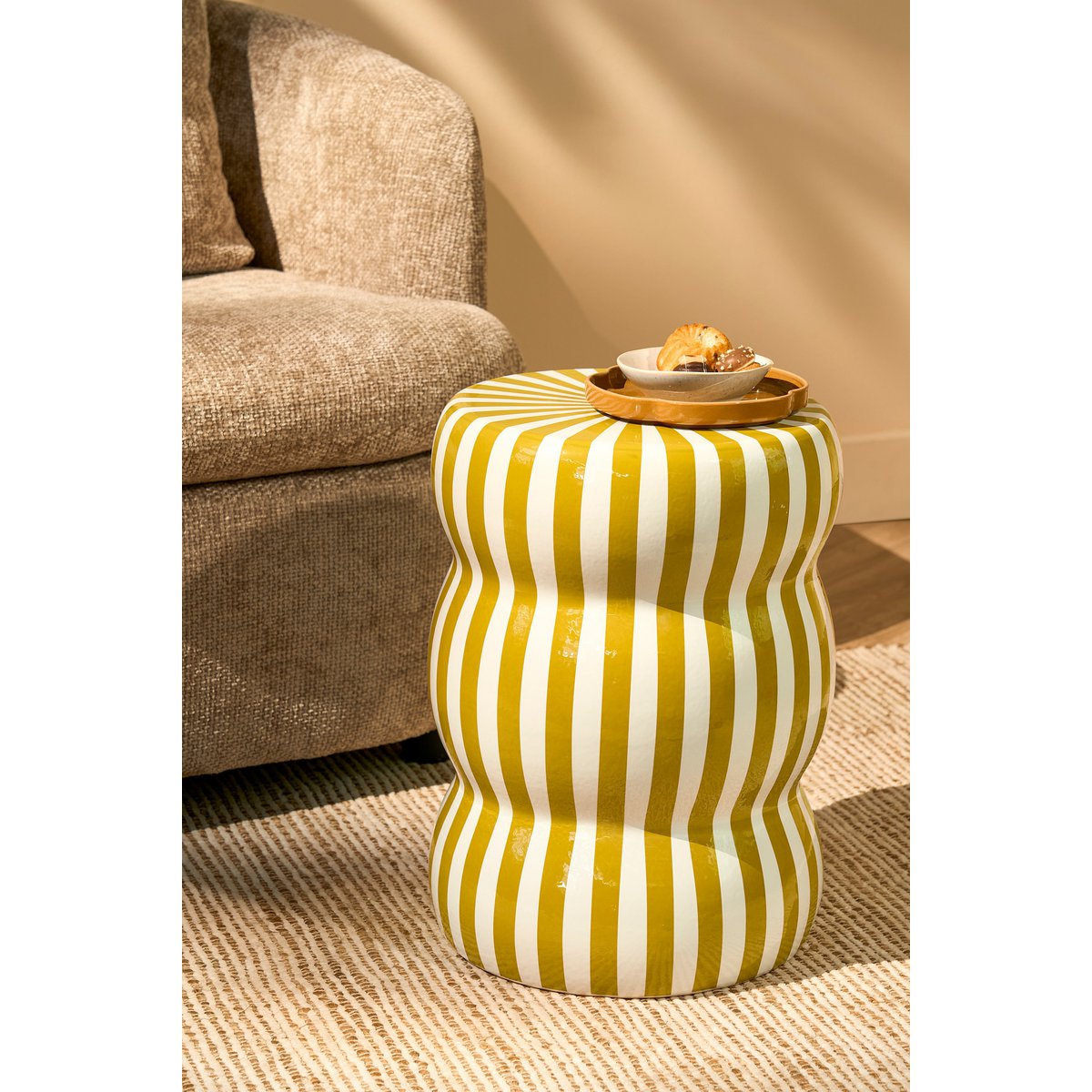 Skipper Bijzettafel - H44 x Ø32 cm - Keramiek - Crème, Oker