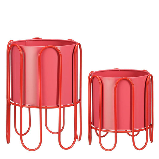Dione Bloempot op Standaard - Set van 2 - H35 x Ø26 cm - Metaal - Rood, Roze
