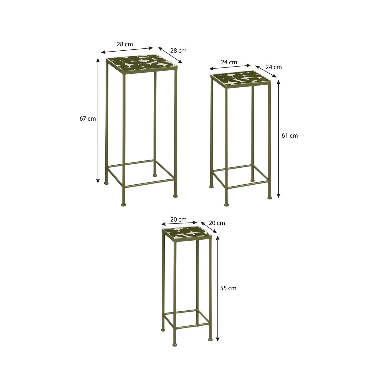 Bologna Bijzettafel Buiten - Set van 3 - L28 x B28 x H67 cm - Metaal - Donkergroen