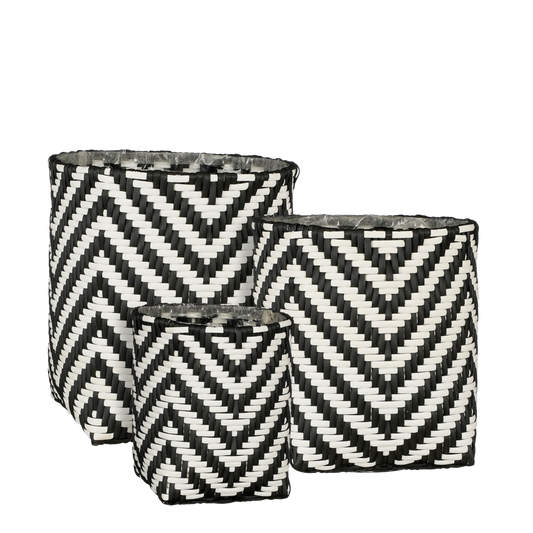 Merlijn Plantenmand voor Buiten - Set van 3 - H26 x Ø24 cm - Gerecycled Plastic - Zwart, Wit